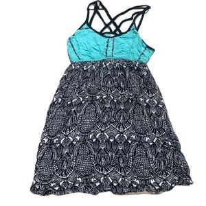 Gentle Fawn Boho Strappy Dress Black White Patterned Skirt Teal Top Size M
